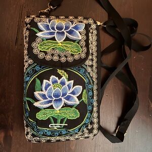 Floral Embroidered Crossbody Bag - Black and Blue